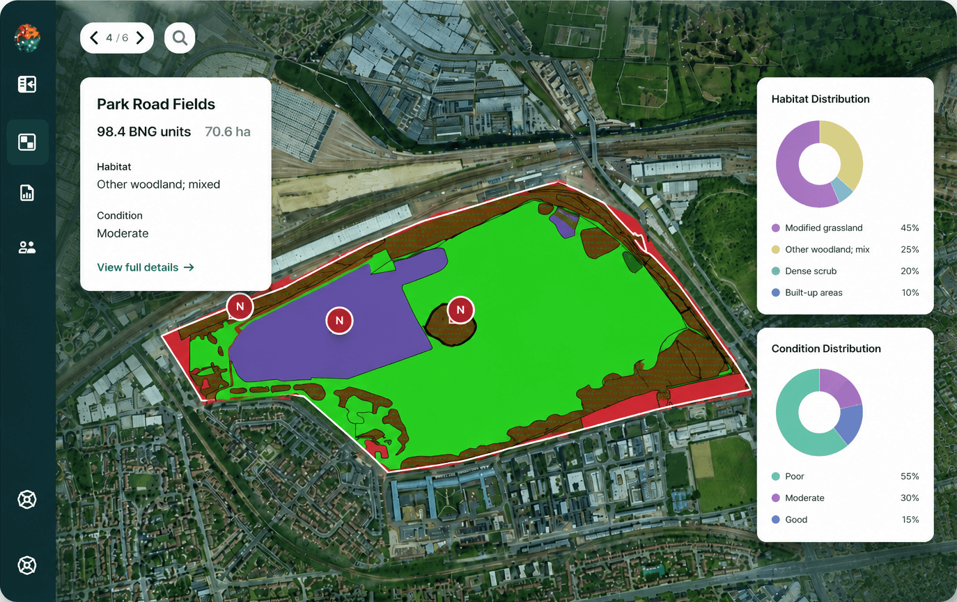 Mozaic Earth site review — satellite map with habitat distribution and condition analysis for Park Road Fields
